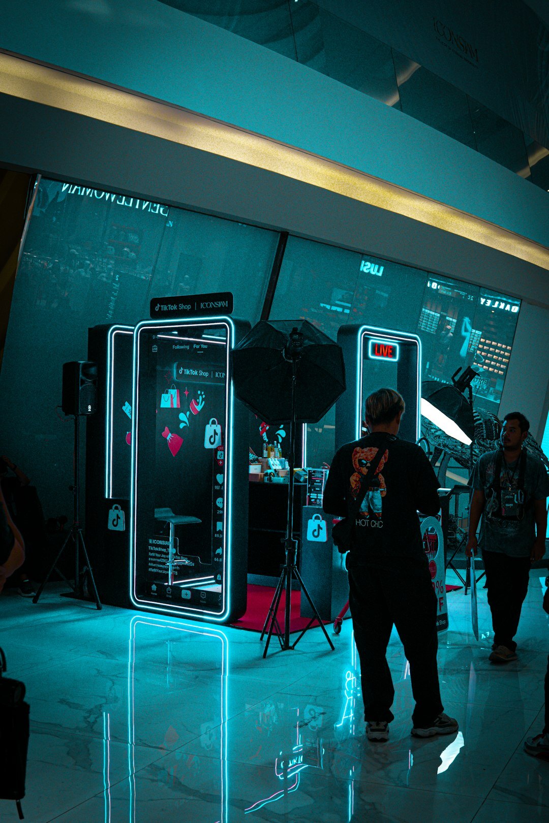 Television studio set with cameras and bright lights
