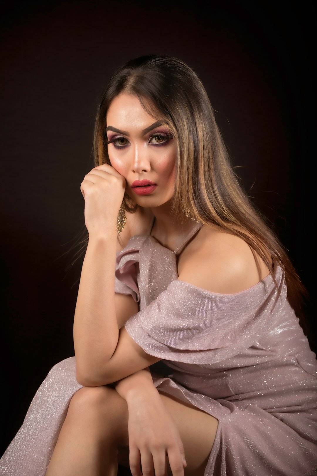 Portrait of a Uruguayan fashion model on a runway backdrop